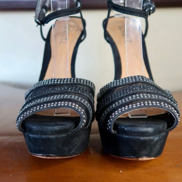 Schutz Sandals Black Flared Heels Ankle Embellished Size 8 - Picture 2 of 9